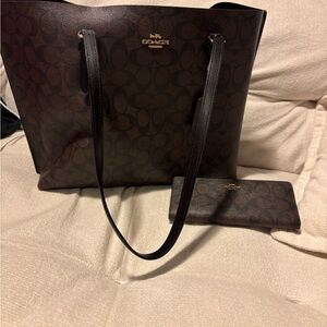 Coach Dark Brown Signature Tote with wallet